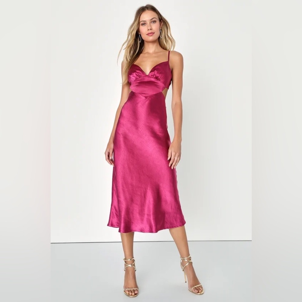 Fuchsia Satin Slip Midi Dress